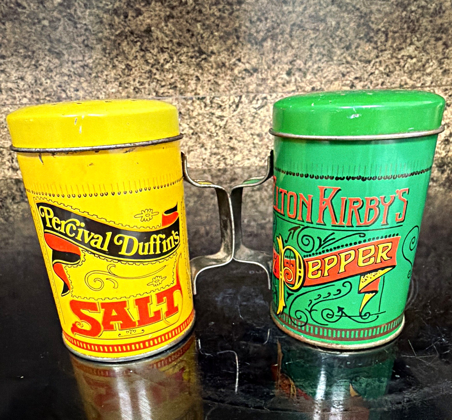 Vintage Metal Salt & Pepper Shakers Set w/ Handles, Yellow & Green, 2pc