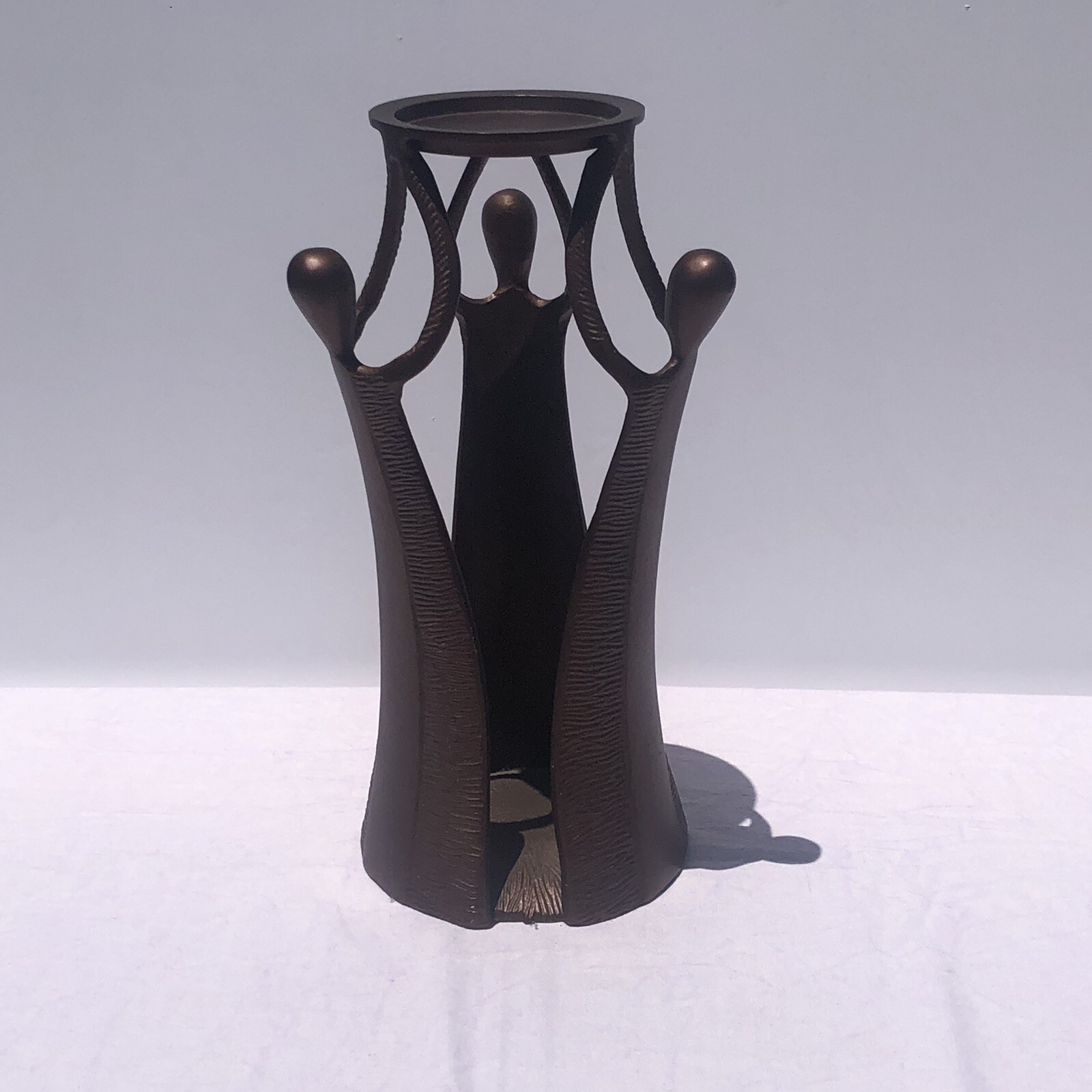 Cast Metal 3 Piece Figural 12” Tall Candle Holder Painted Copper Color