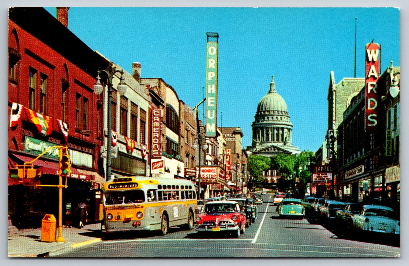 Madison Wisconsin Downtown Street View Vintage Postcard