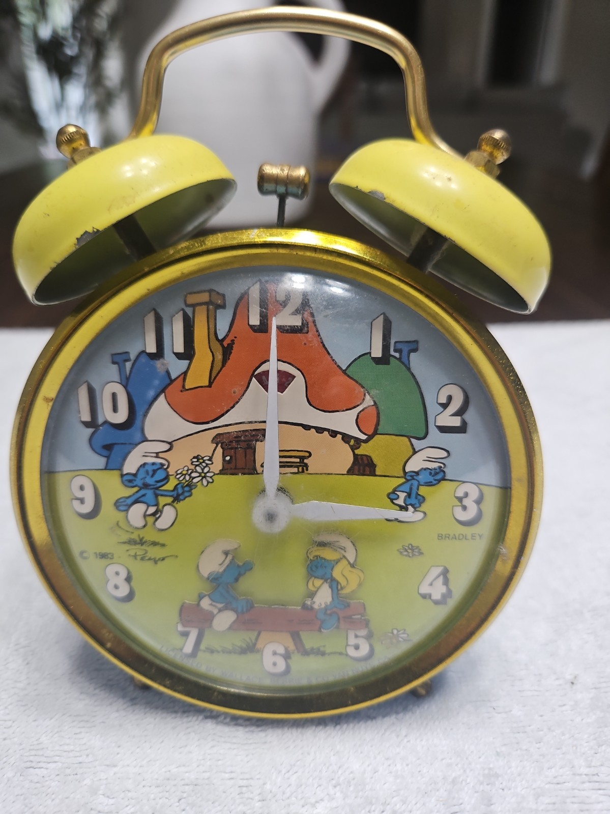 Bradley Time Smurfs 1983  Bell Alarm Clock  Blue Yellow Smurfette On See Saw 59