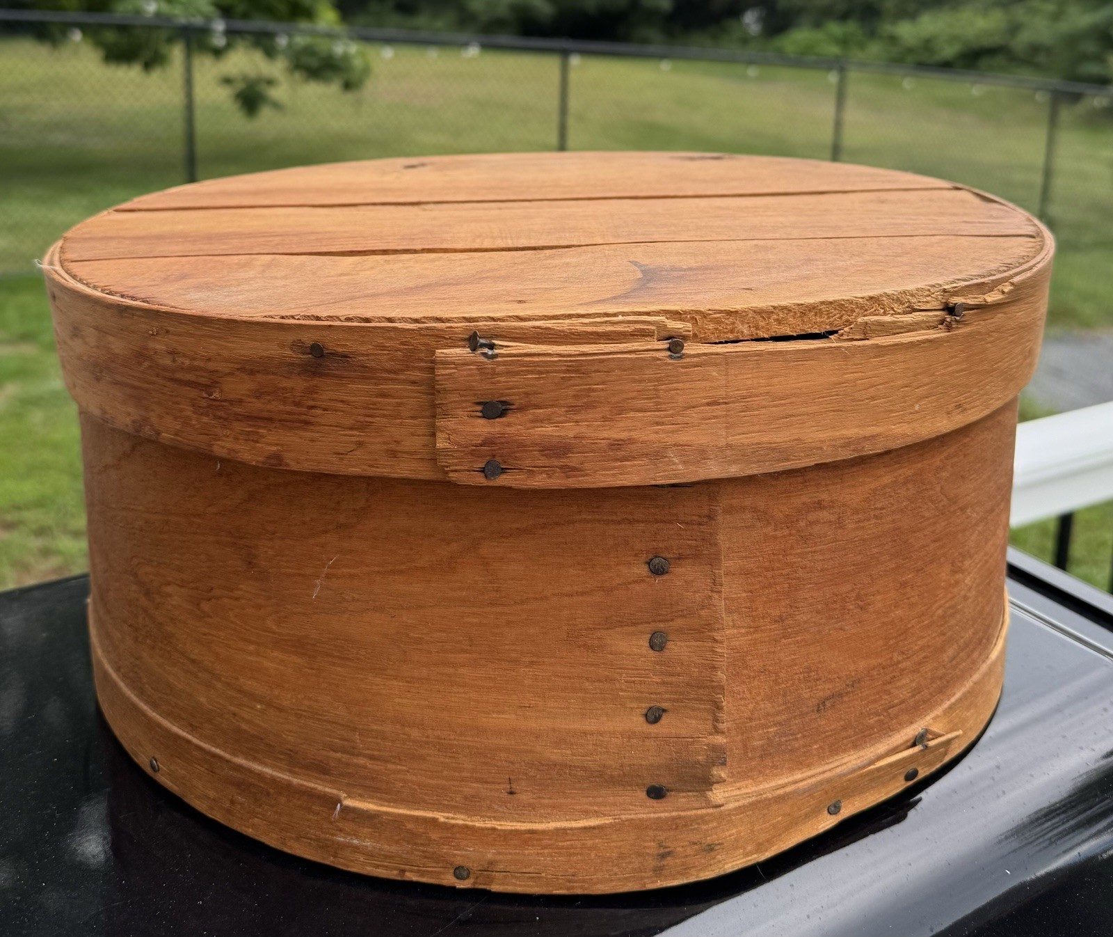 VTG  Primitive Round Cheese Wooden Wood Box  16” Wide Rustic Farmhouse