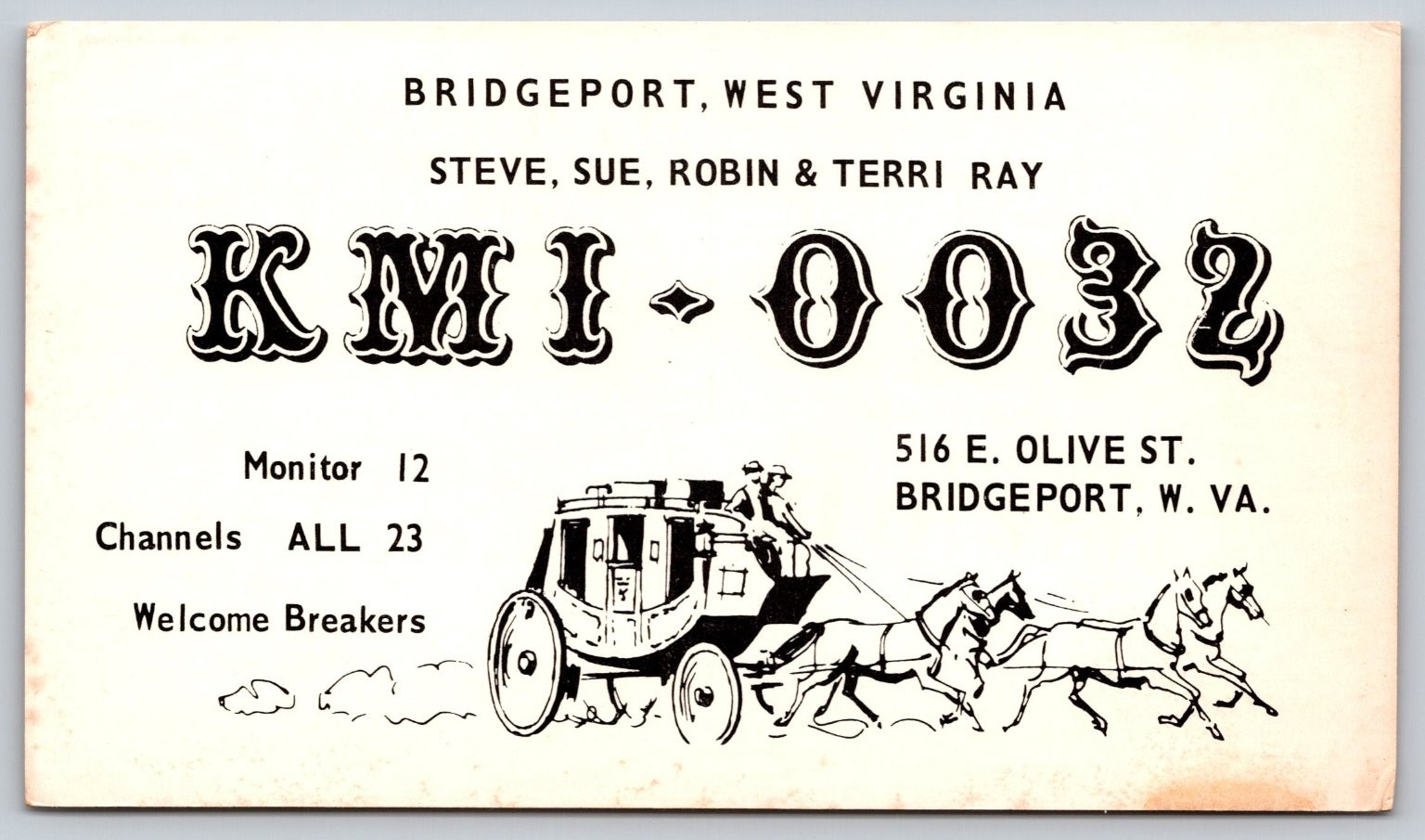Vintage KMI-0032 CB Radio QSL Postcard Bridgeport WV Stagecoach Art C96 Vintage KMI-0032 CB Radio QSL Postcard Bridgeport WV Stagecoach Art C96