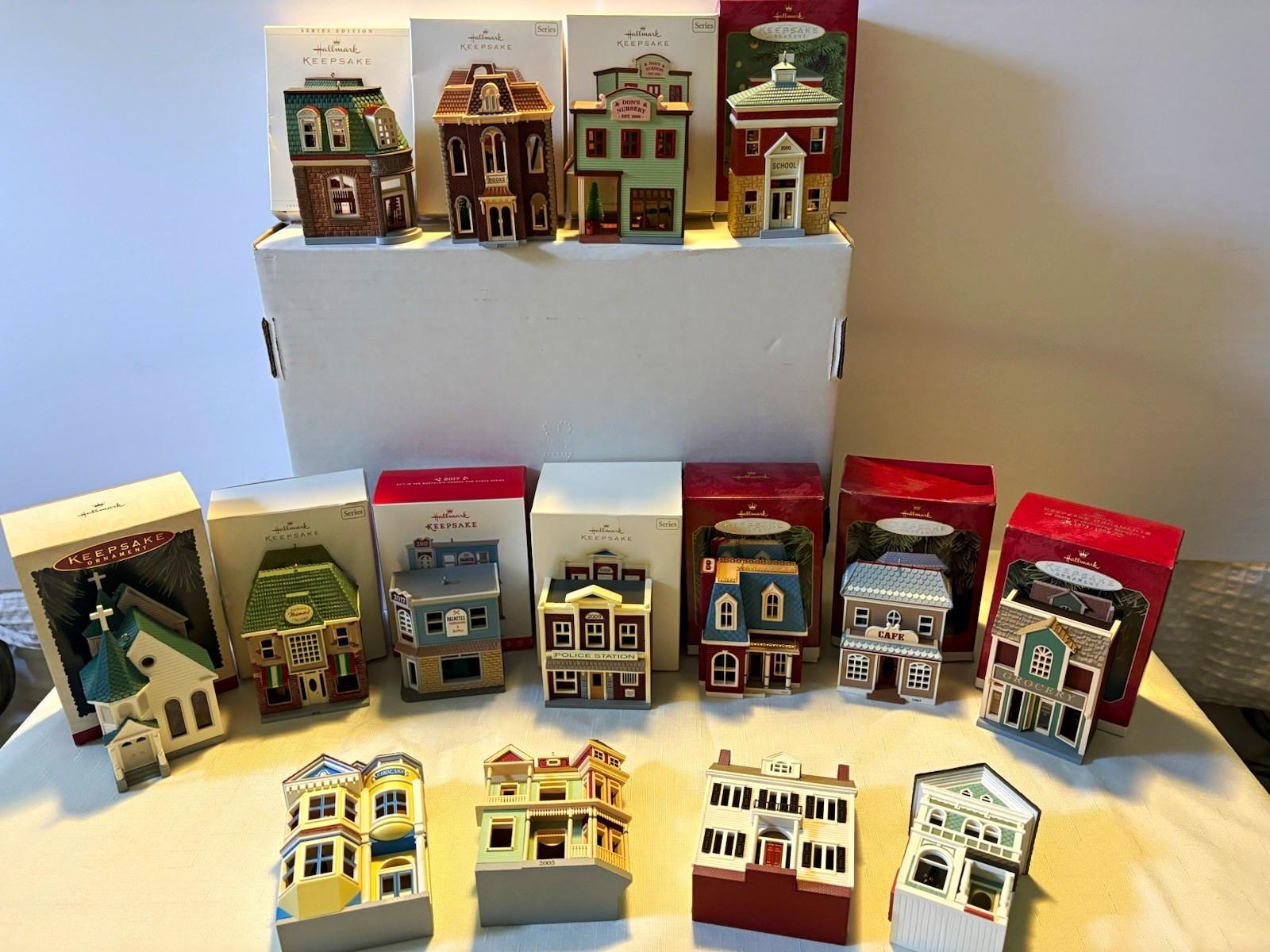Lot of 15  Vintage Hallmark Keepsake Christmas Village  Ornaments, Boxed. 