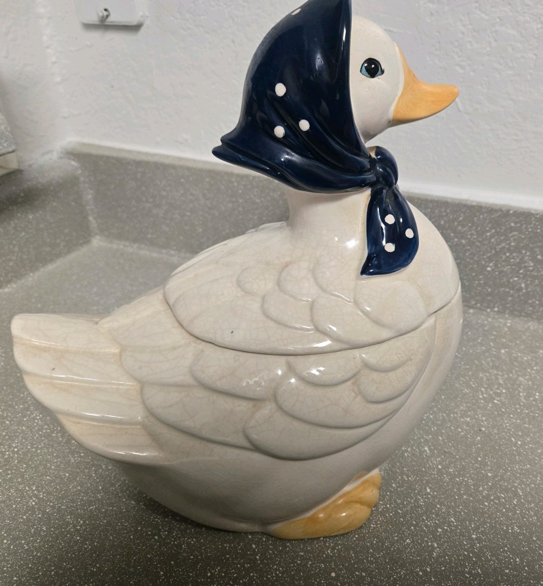 VTG  Mother Goose Ceramic Cookie Jar Blue Bow Yellow Feet Farmhouse Cottage 11”