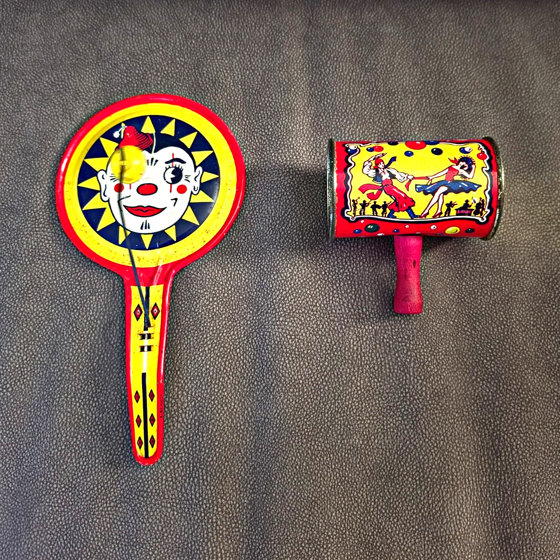 Vintage Clown Tin Noisemakers Set Of 2