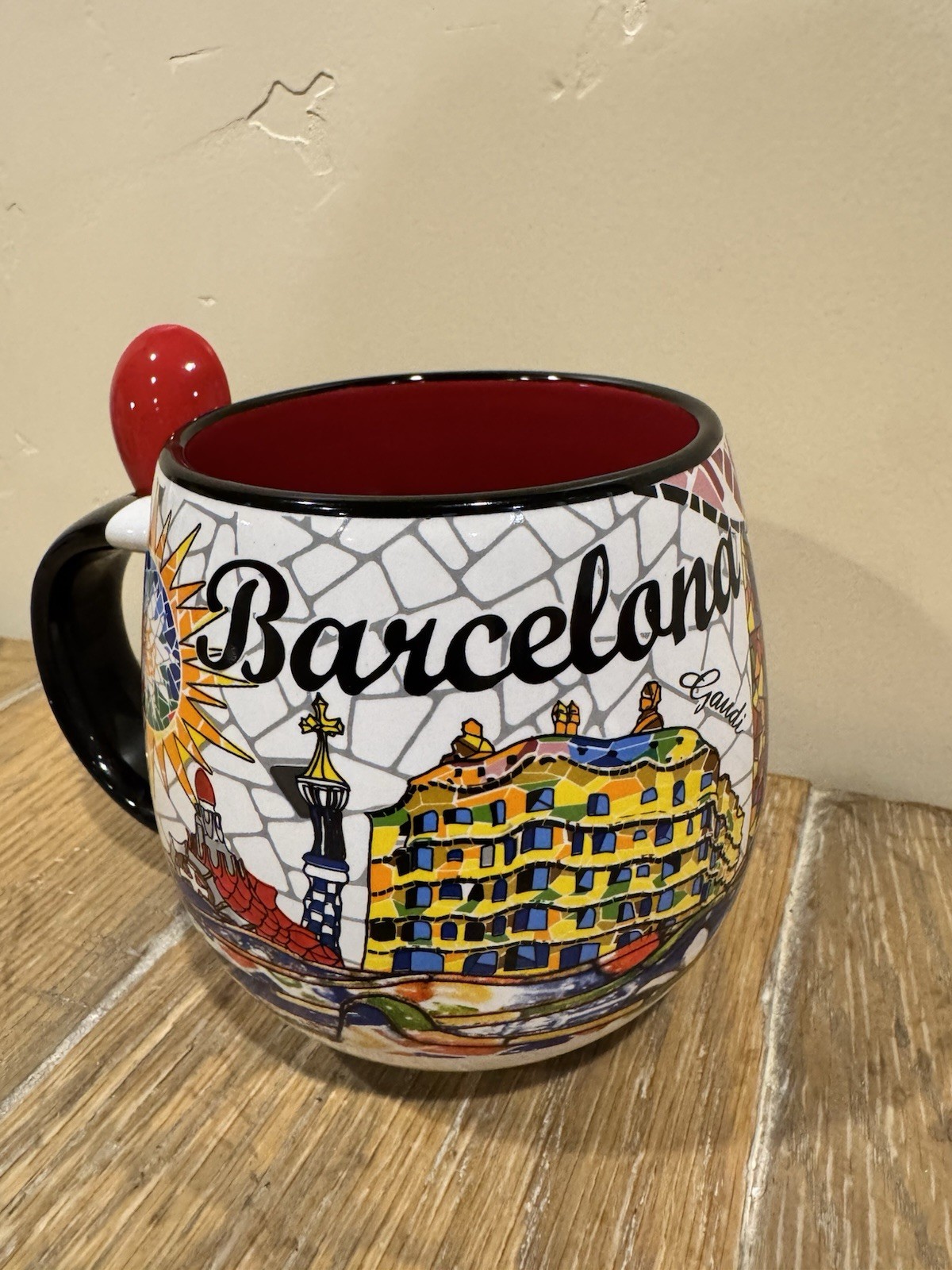 Olé Mosaic Barcelona Gaudi Ceramic Mug w Red Spoon Spain Souvenir Olé Mosaic Barcelona Gaudi Ceramic Mug w Red Spoon Spain Souvenir