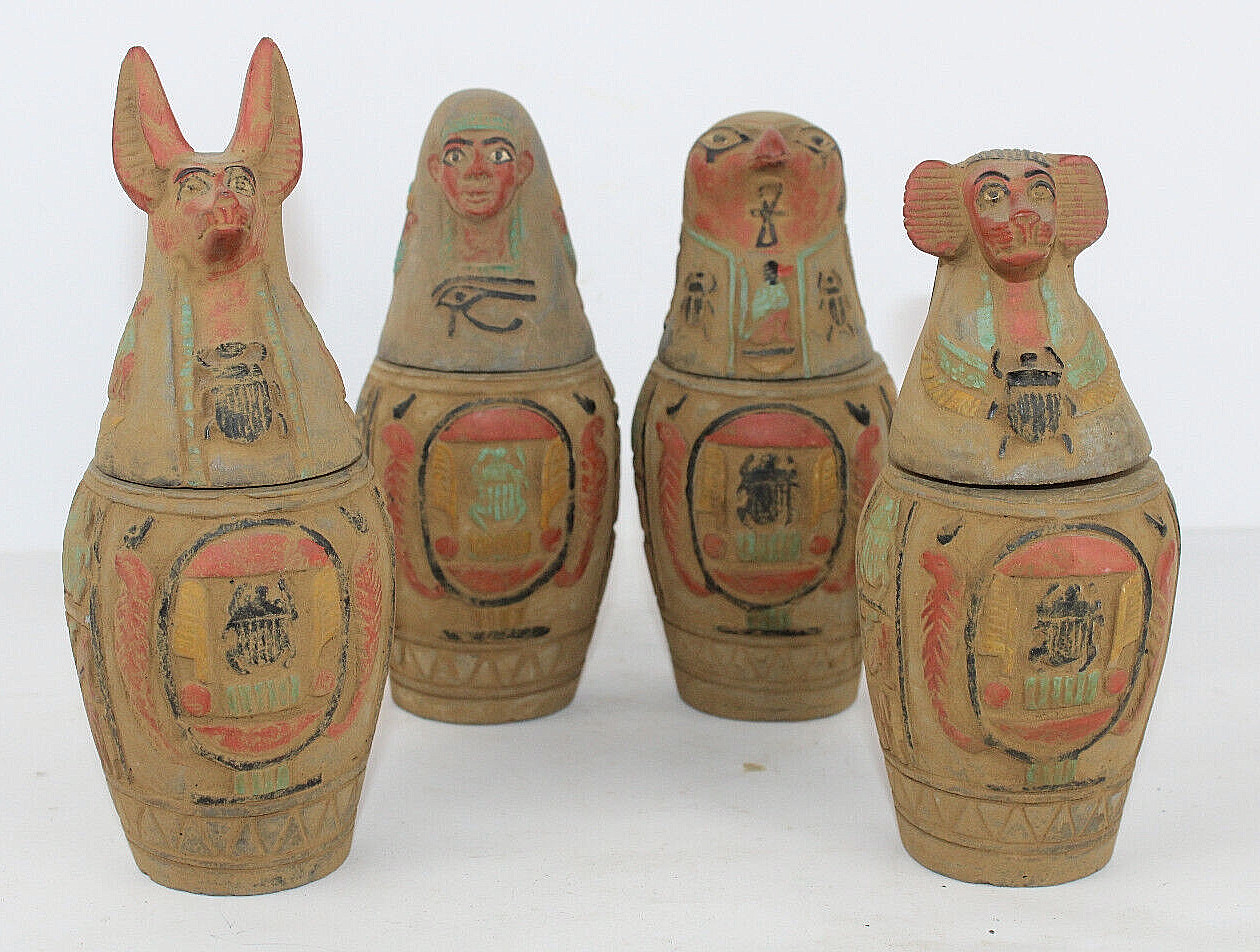 4 RARE ANCIENT EGYPTIAN ANTIQUE 4 CANOPIC Jars Mummification Horus Sons (B03+)