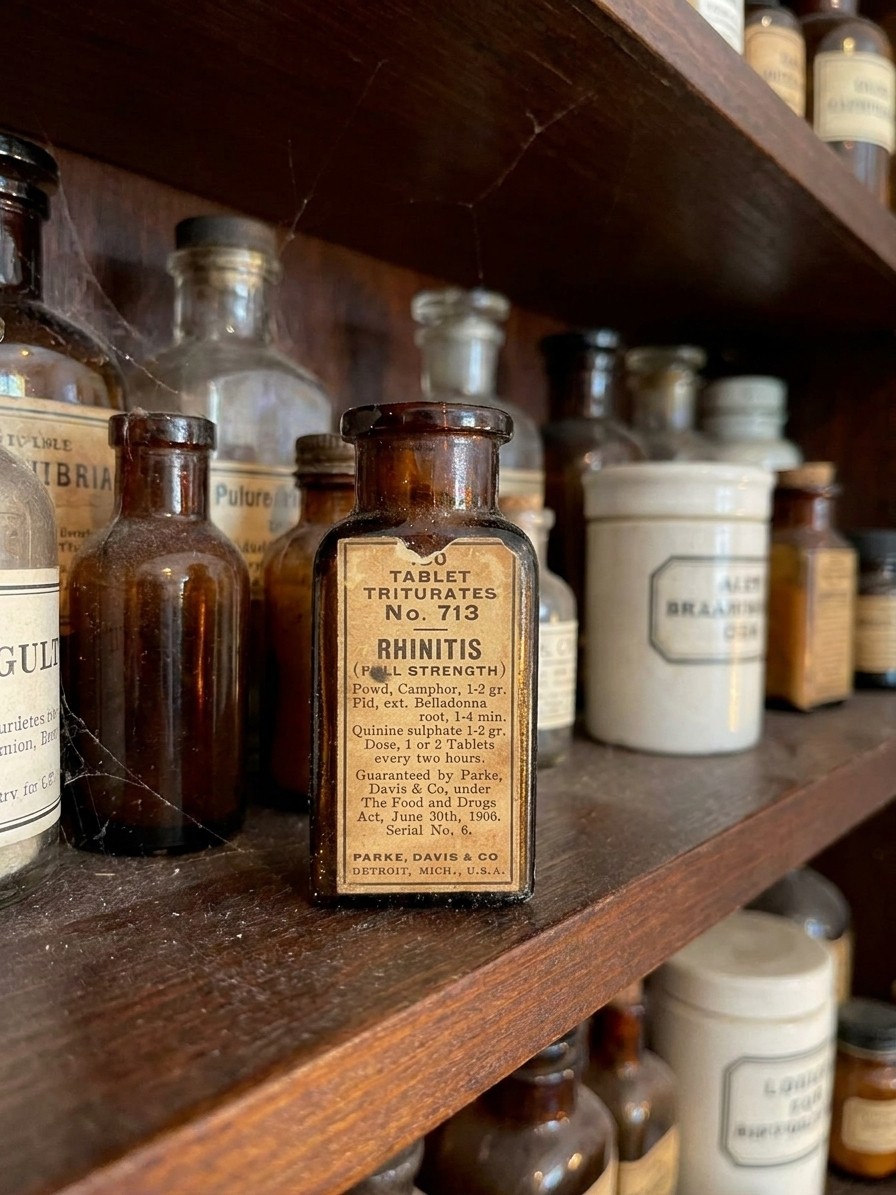 Antique Parke Davis Rhinitis No. 713 Amber Medicine Bottle Original Label c.1906
