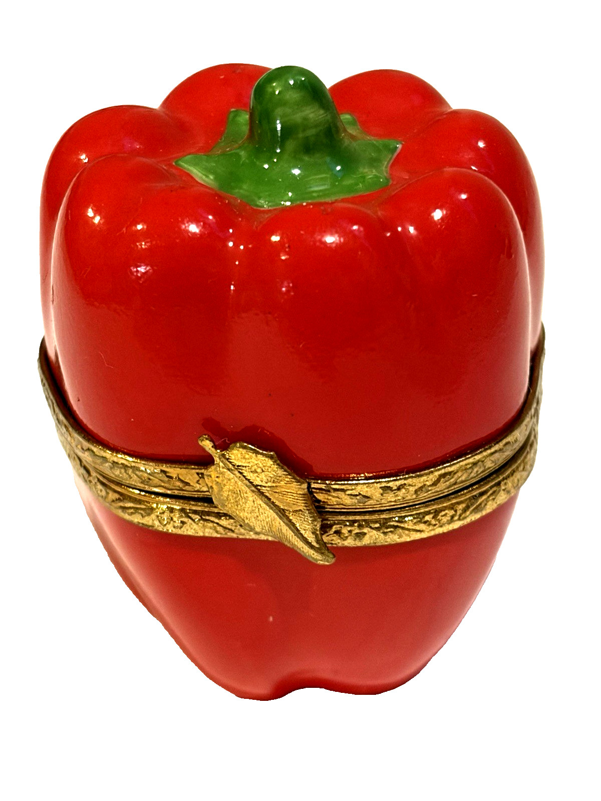 LIMOGES France PEINT MAIN Hinged Trinket Box-RED PEPPER-LEAF CLASP-Vegetable
