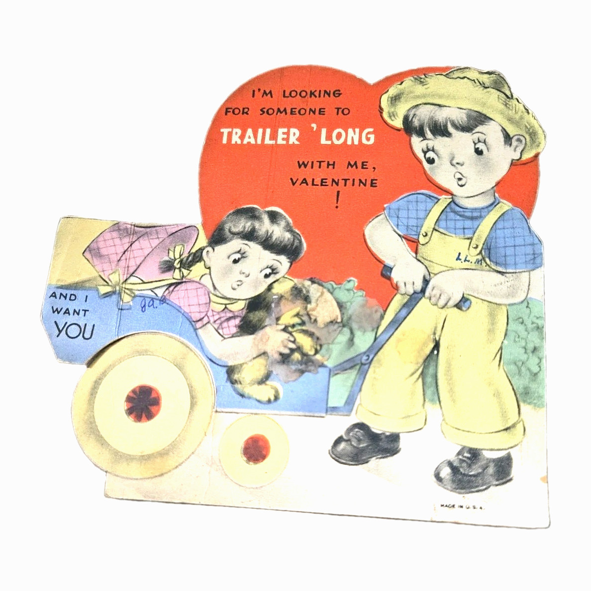 1942 Fold Out-Die-Cut Valentine Card, Boy Pulling a Wagon Holding Girl & Puppy 1942 Fold Out-Die-Cut Valentine Card, Boy Pulling a Wagon Holding Girl & Puppy