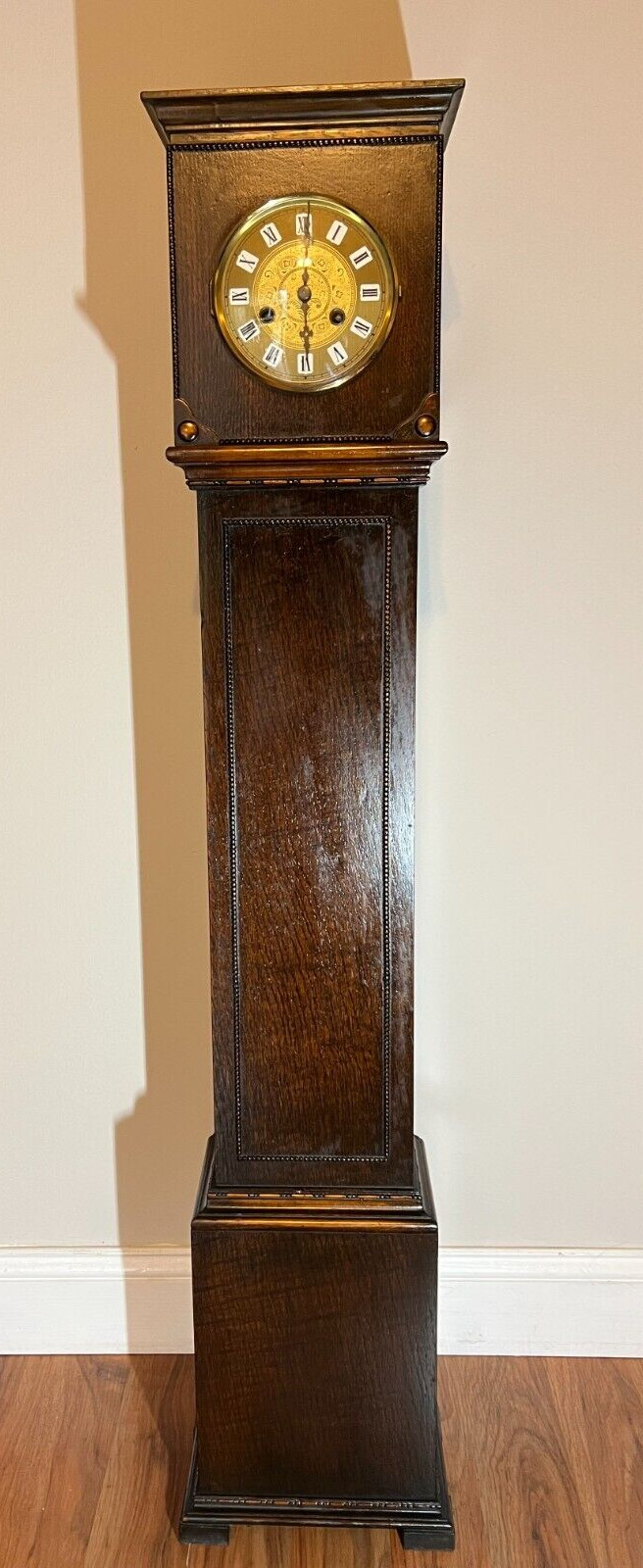 RARE Antique Half Size Granfather Clock Tiger Striped Oak 51 Inches Org Movement