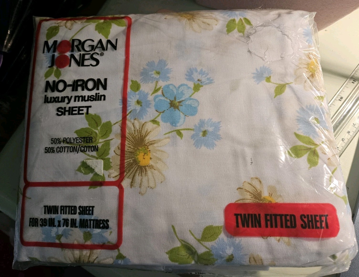 Vint. Morgan Jones No Iron Lux Muslin Twin Fitted Sheet 1970s NOS (CottageCore)