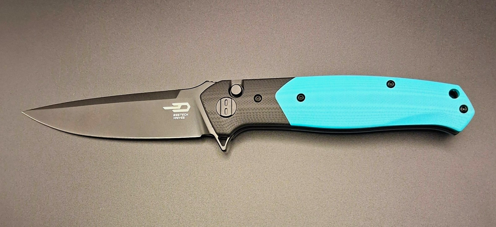 Bestech Knives Swordfish Button Lock 14C28N Black Blade Light Blue/Black G10 