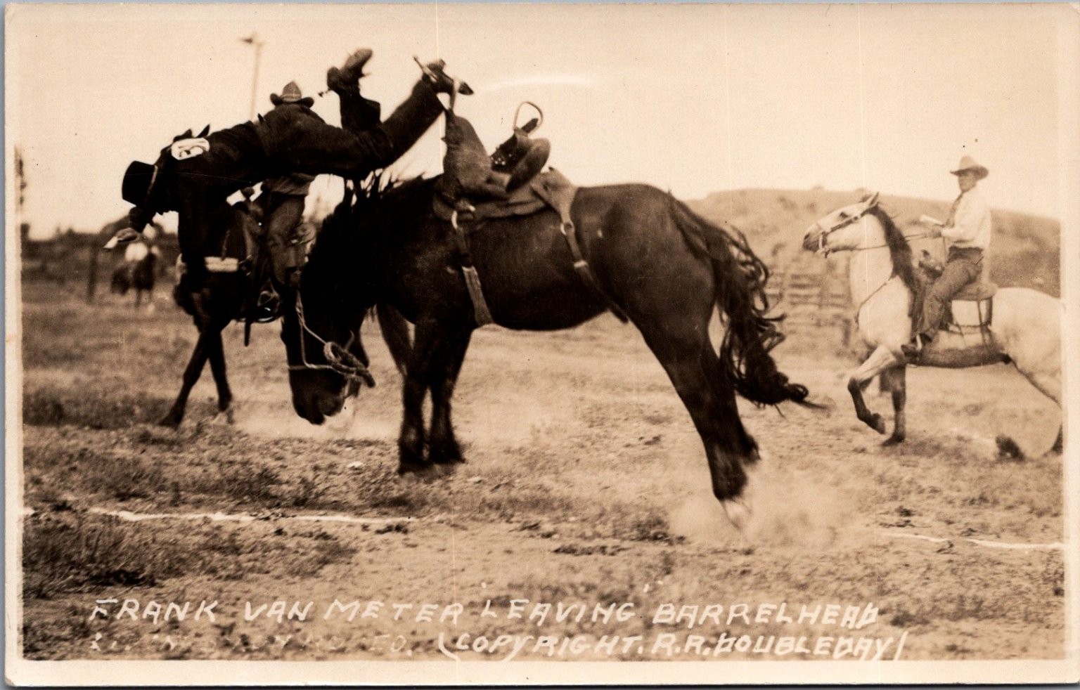 Frank Van Meter & Barrelhead RPPC Rodeo Bucking Horse R.R. Doubleday