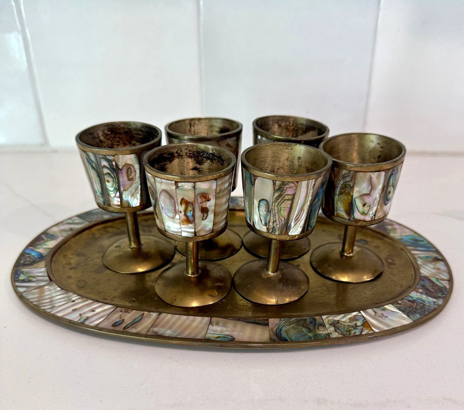 Vtg Mid-Century Mexican Brass & Abalone Cordial Set - 6 Mini Goblets & Tray Vtg Mid-Century Mexican Brass & Abalone Cordial Set - 6 Mini Goblets & Tray