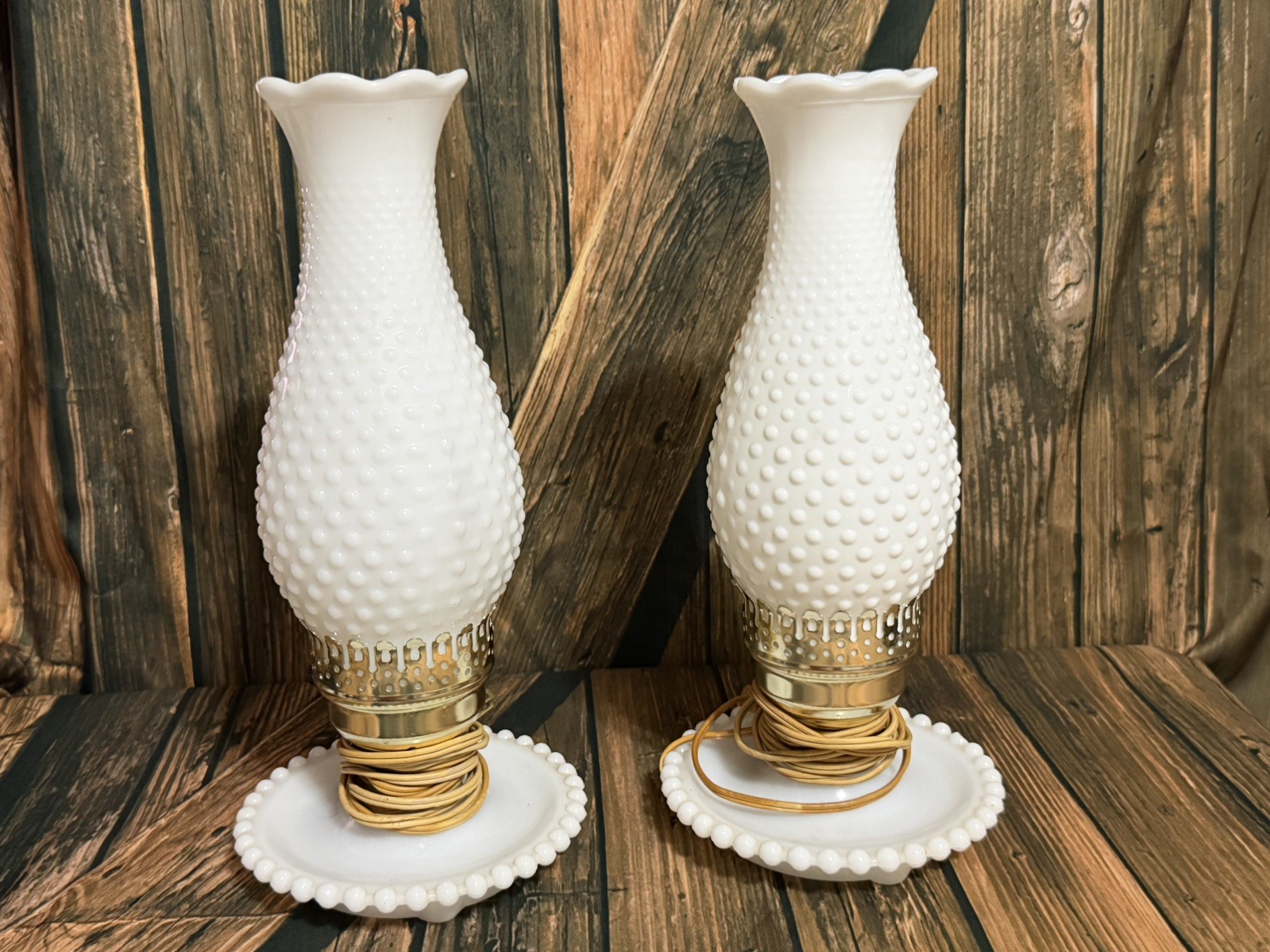 Vintage  2 Hobnail Milk Glass Hurricane Lamp Lamps  Works Tested VG 13