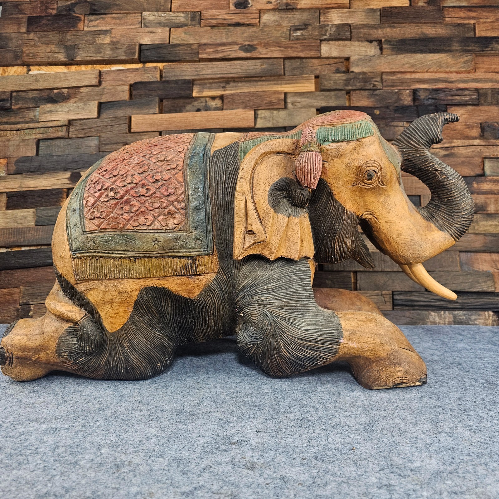Vintage Hand Carved Solid Wood Painted Elephant Sculpture Handmade 20\