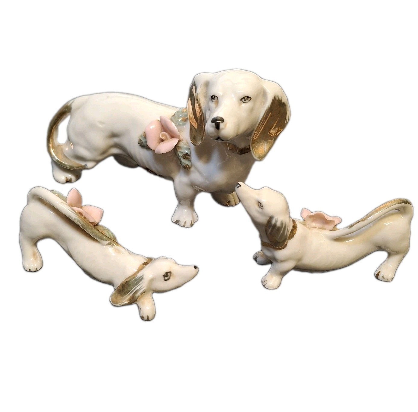 Vintage 3 Dachshund Set Chase Japan Hand Painted Dog Porcelain Ceramic Figurine
