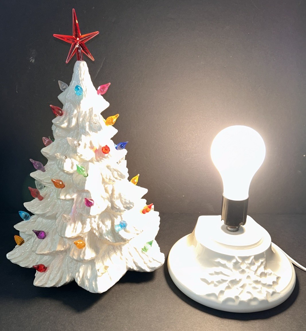 Vintage White Ceramic Lighted Christmas Tree 13.5” With Base