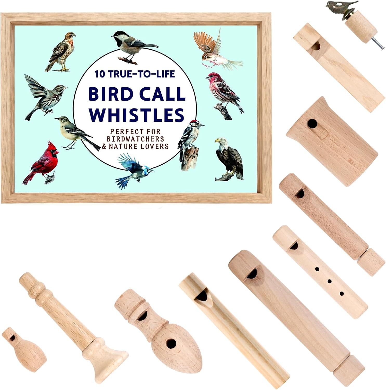 10-Pc Handcrafted Wooden Bird Call Set, Acrylic Box, Bird Lover Gift 10-Pc Handcrafted Wooden Bird Call Set, Acrylic Box, Bird Lover Gift
