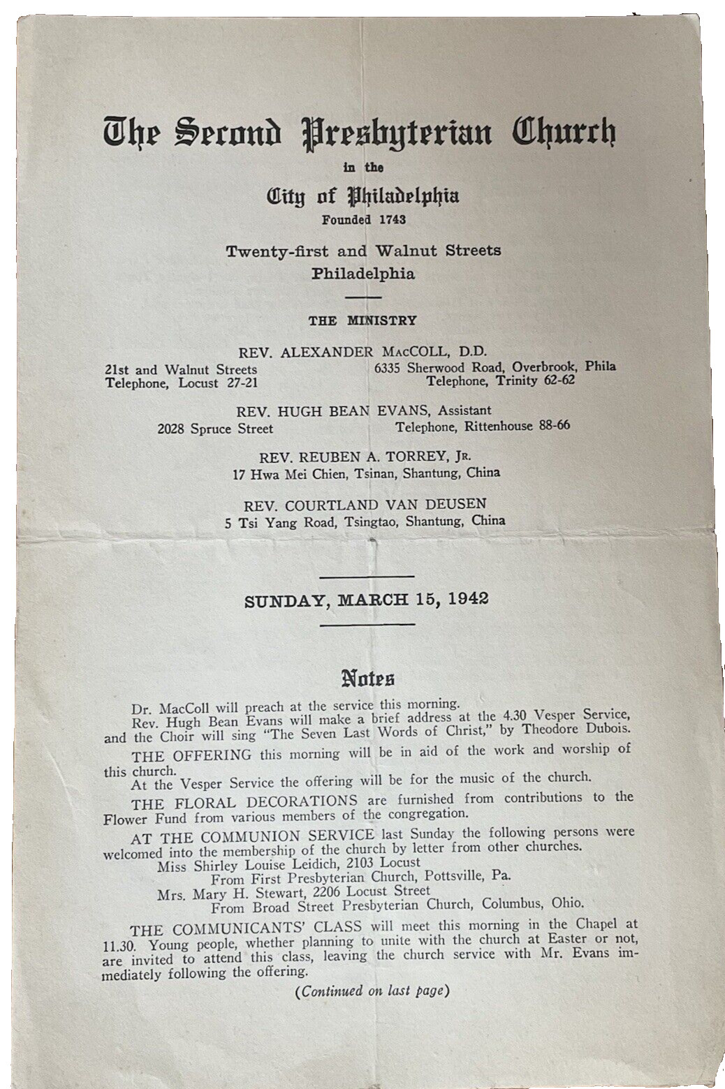 1942 Second Presbyterian Church Bulletin Phila PA Rev MacColl Evans WWII era
