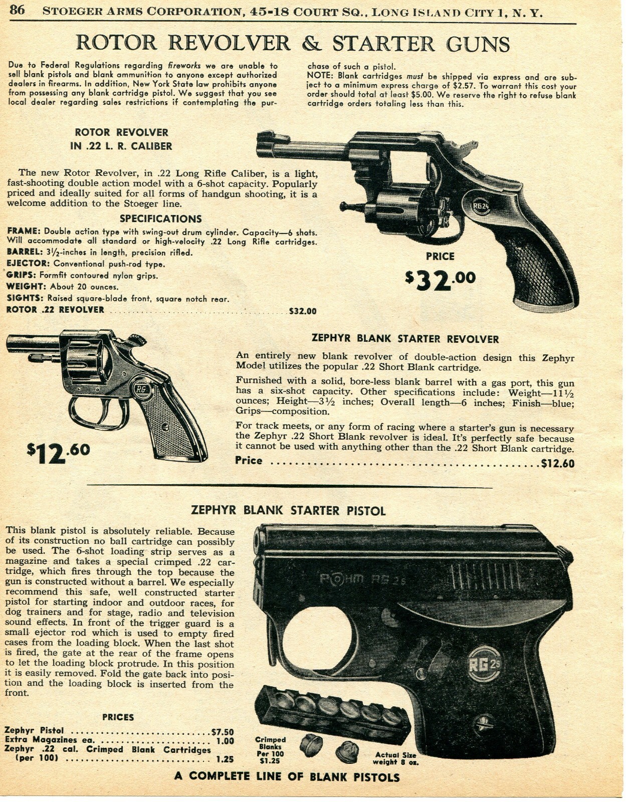1961 Print Ad of Rotor RG24, Zephyr RG Revolver & Rohm RG2s Blank Pistol