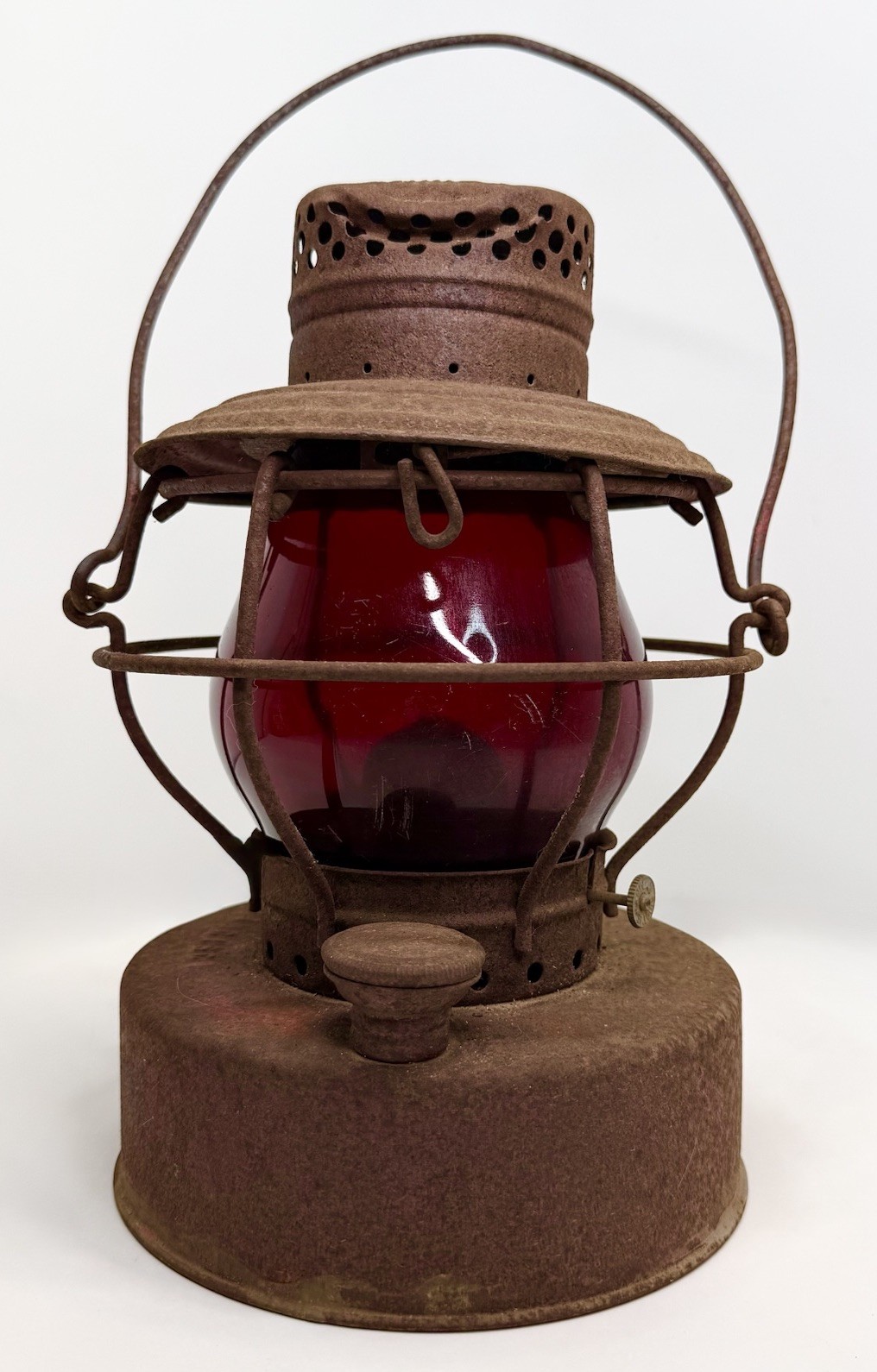 Antique “Handlan Buck St. Louis USA” Railroad Lantern w/Red Globe Heavy Patinaed