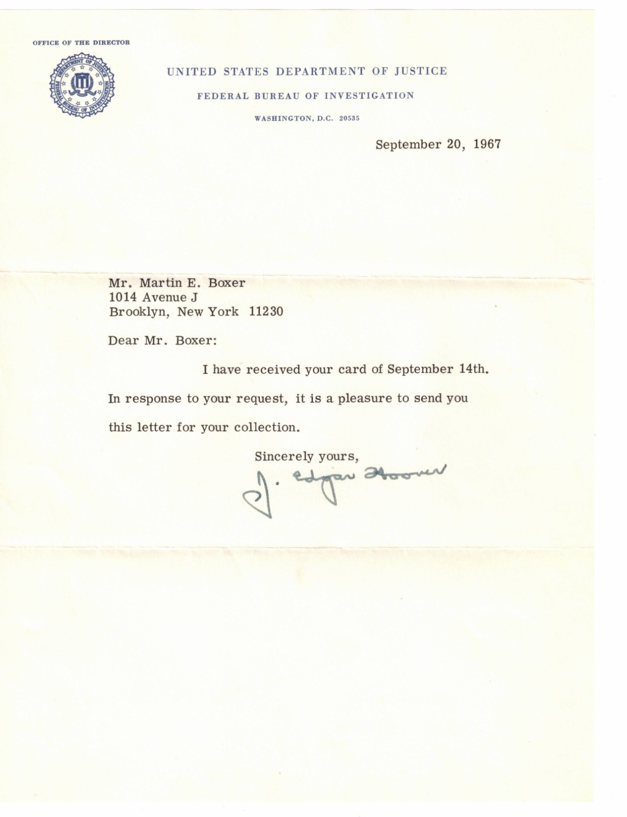 AUTOGRAPH OF J EDGAR HOOVER ON FBI STATIONERY