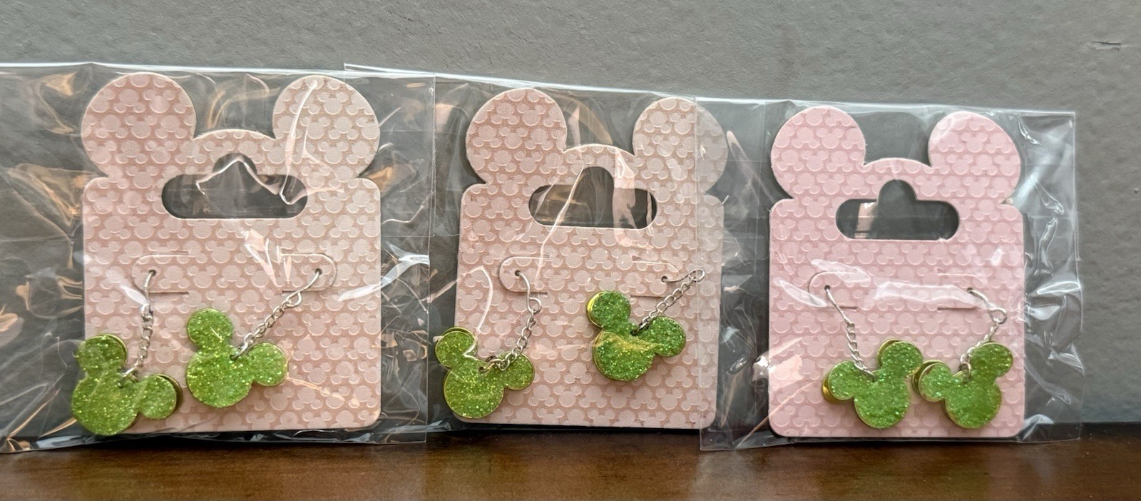NOS VTG Walt Disney World 3D Green Glitter W/ Gold Mickey Mouse Earrings 3 Pairs