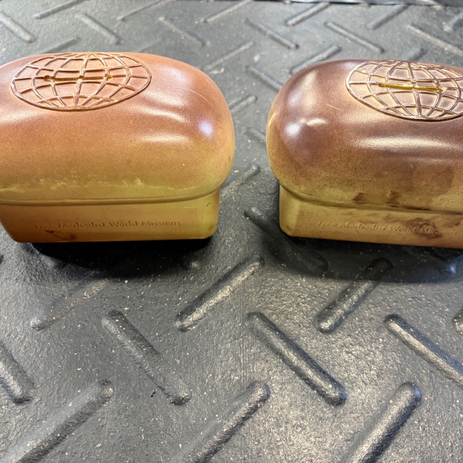 Vintage Free Methodist World Missions Coin Bank Pair Globe Cross Church