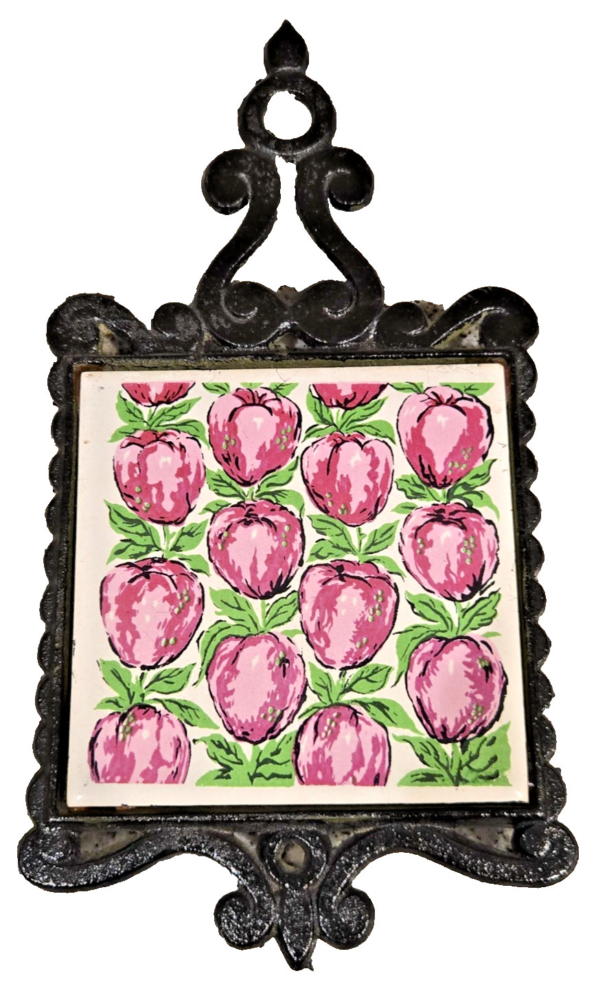 VTG Enesco Cast Iron Ceramic Tile Trivet Retro Pink Floral Hot Plate Decor Japan