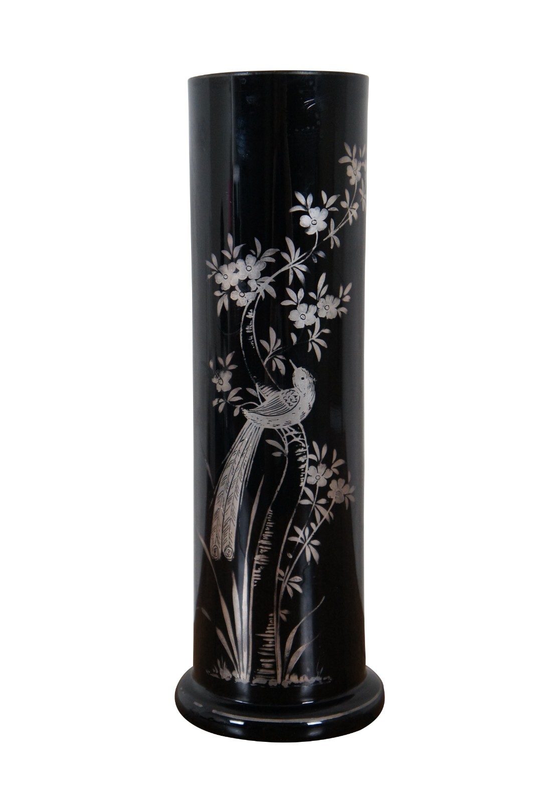 Antique Czechoslovakian Black Glass Silver Overlay Floral Bird Vase 11\