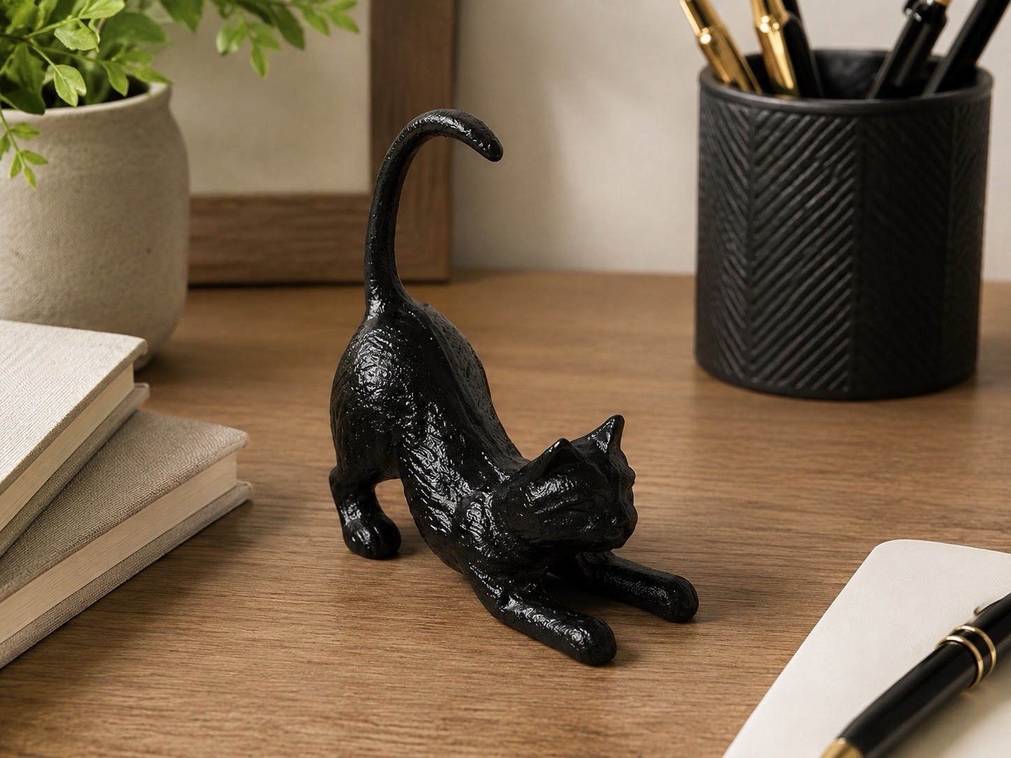 Cast Iron Playful Black Cat Figurine Garden Statue Paperweight Doorstop Bookend