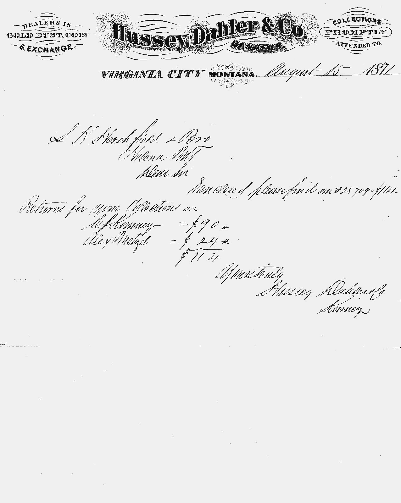 1871 GOLD DUST COIN EXCHANGE HUSSEY DAHLER VIRGINIA CITY MONTANA