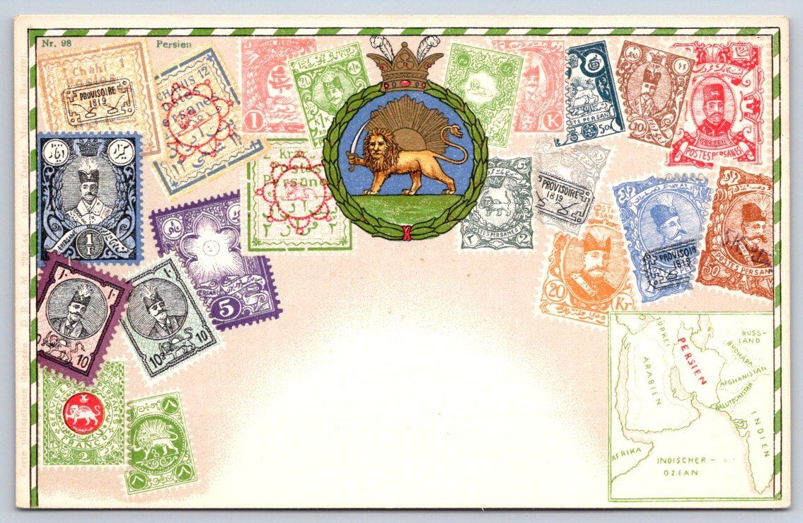 Antique Iran Postcard TEHRAN Persia Postage Stamps Lion Sun 1905