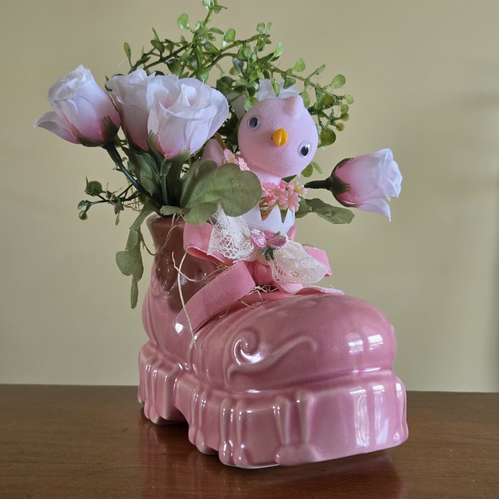 Vtg McCoy Pink Ceramic Boot Planter w Easter Spring Arrangement Roses & Chick