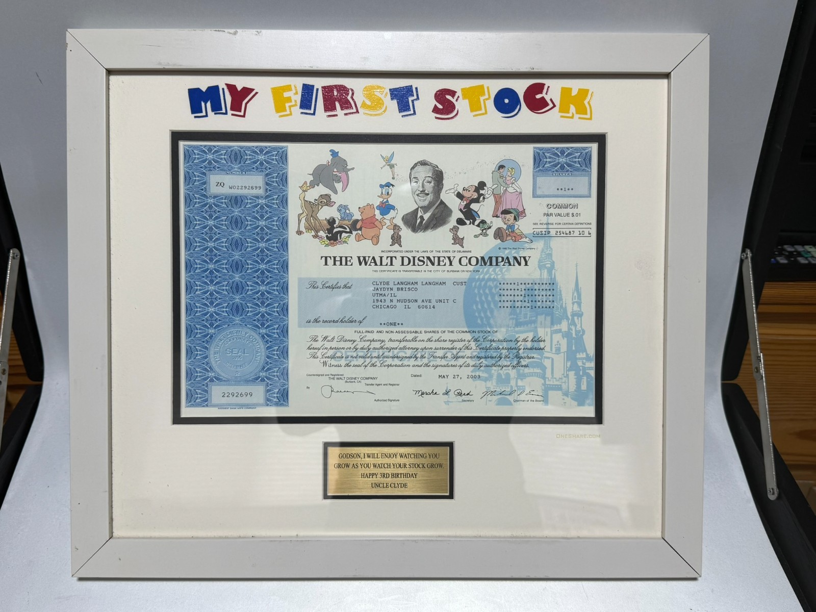 Walt Disney Stock Certificate ~ 2003 ~ Original - Framed Walt Disney Stock Certificate ~ 2003 ~ Original - Framed