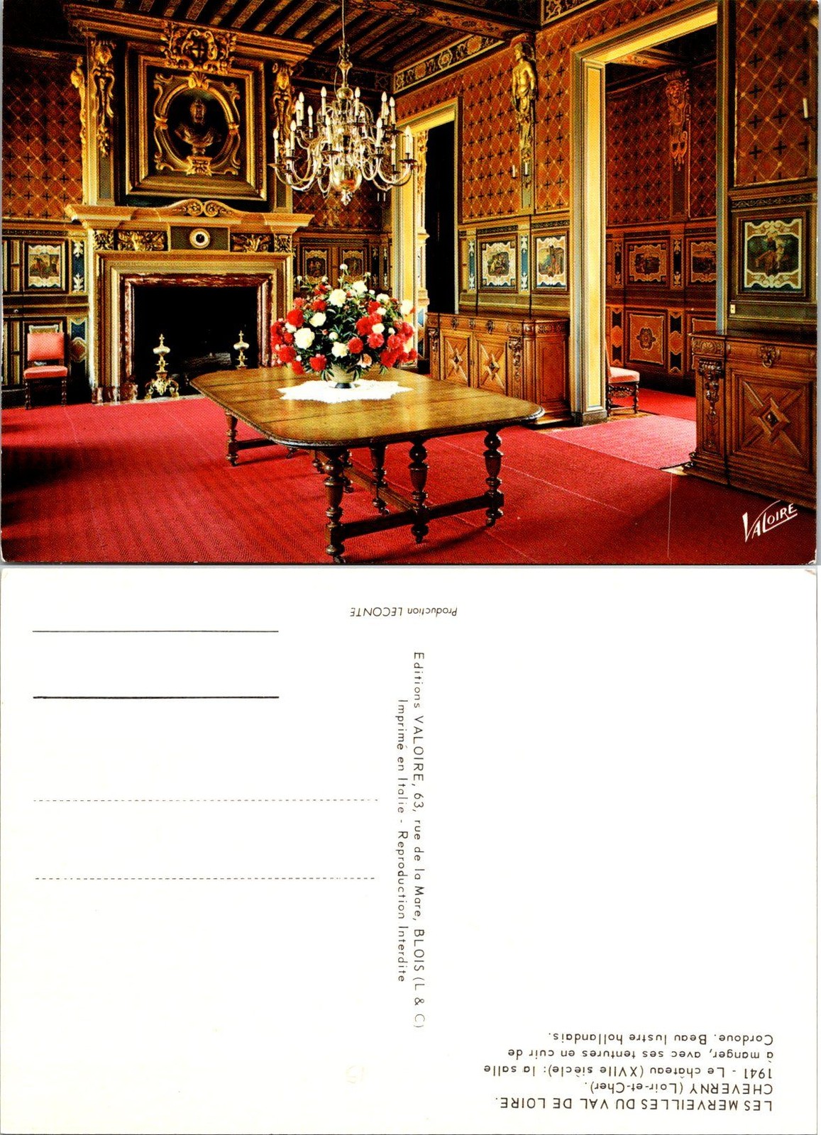VALOIRE Postcard Cheverny Chateau Dining Room France Vintage Color Photo Crease
