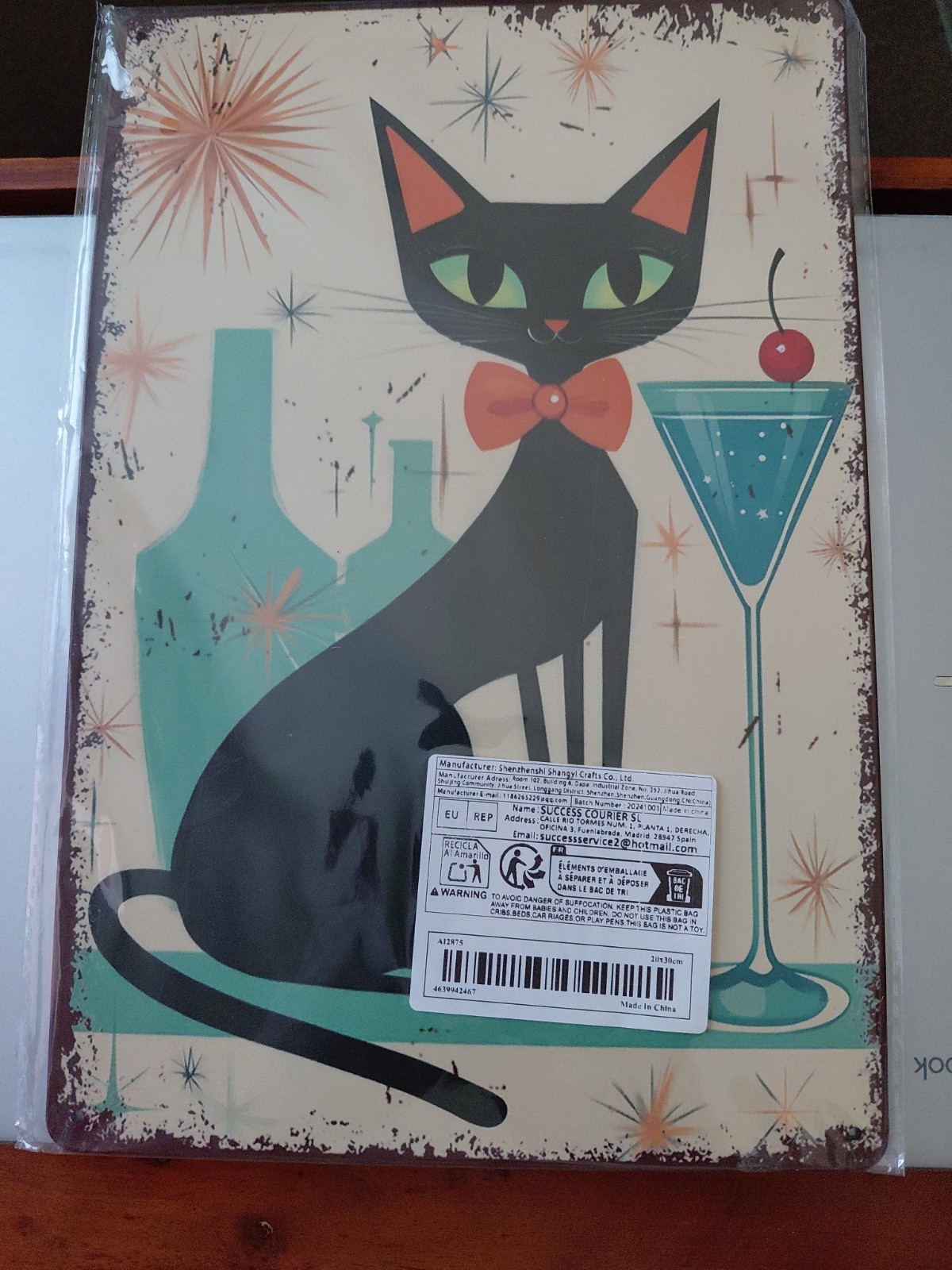 MCM Atomic  Retro Black Cat with Martini Glass Tin Metal Signs Home Décor Wall 