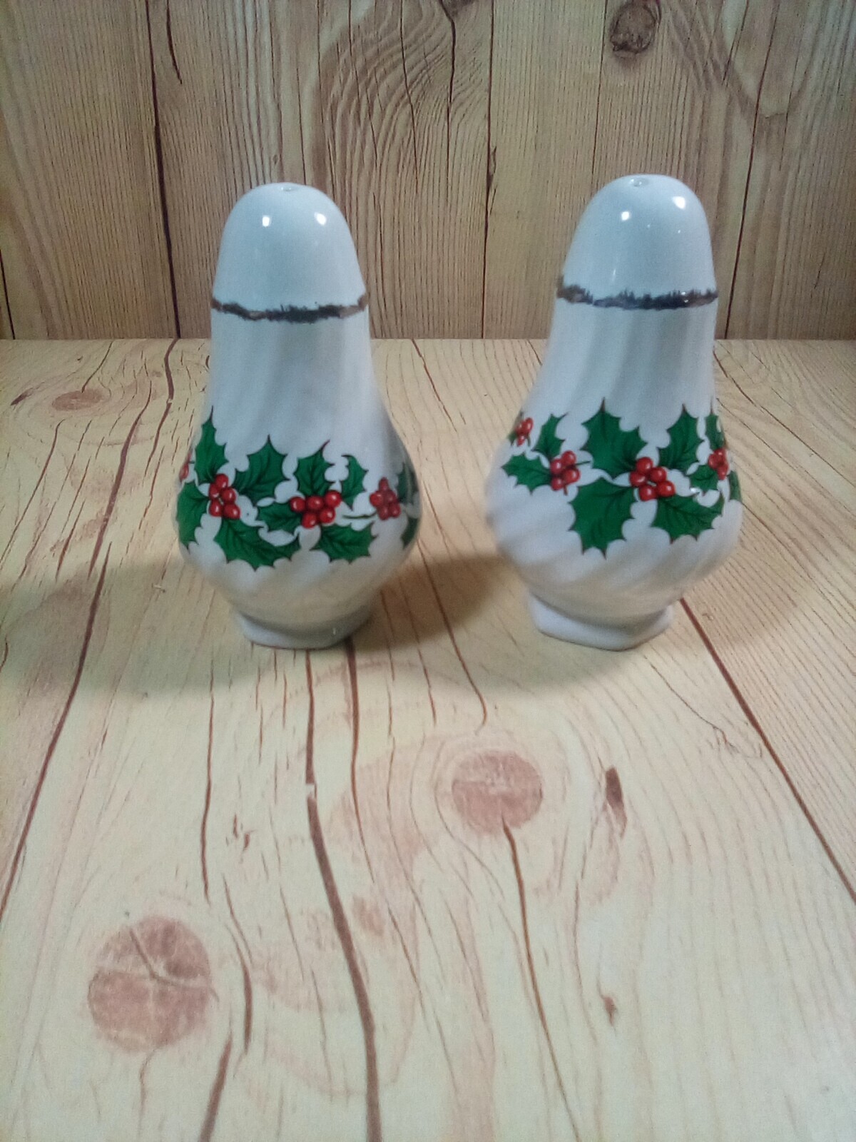 Vintage Porcelain Christmas Holly & Berry Salt & Pepper Shakers With Silver Rim