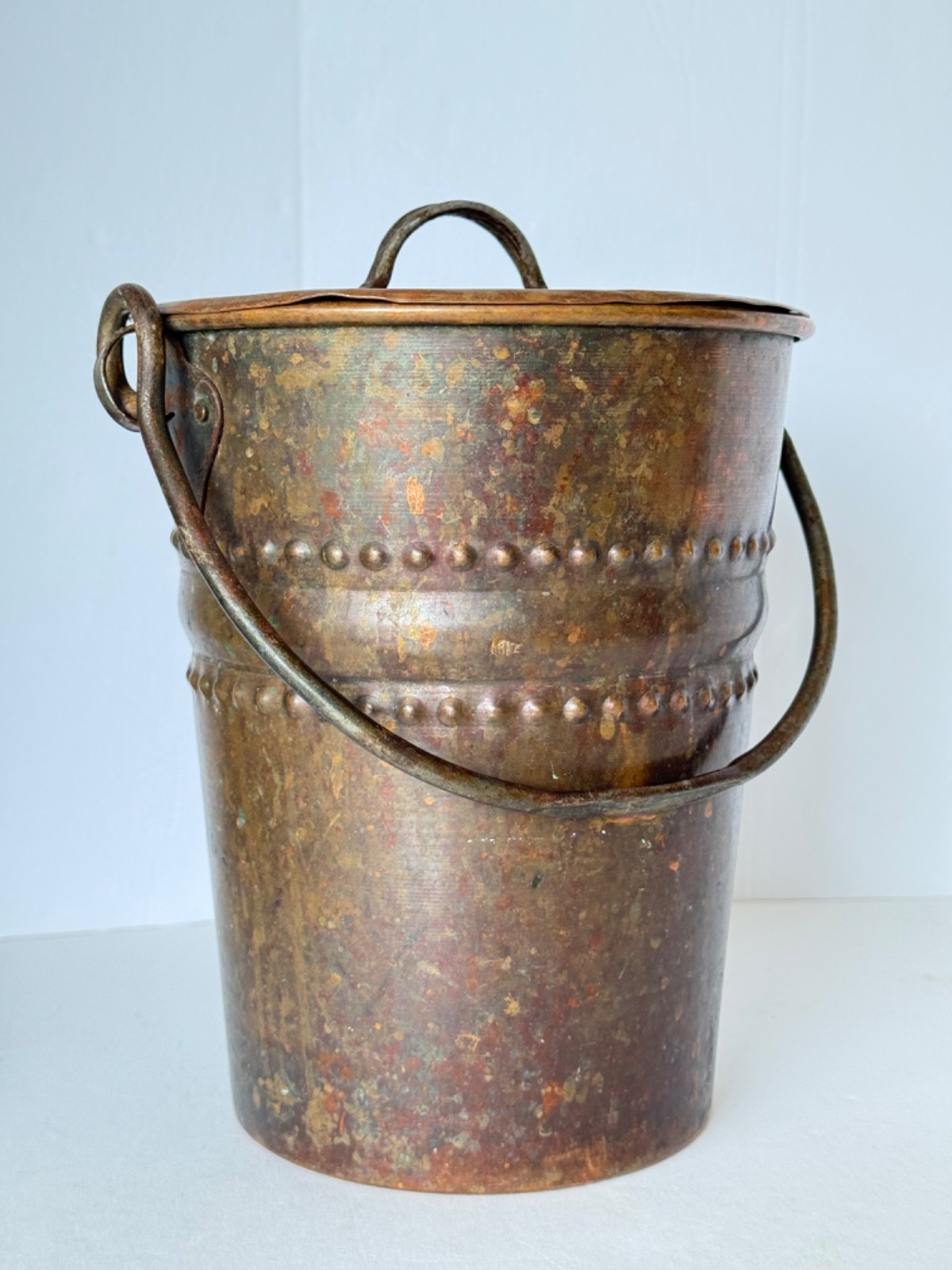 Antique Hand-Hammered Copper Bucket Wrought Iron Handle Primitive Riveted