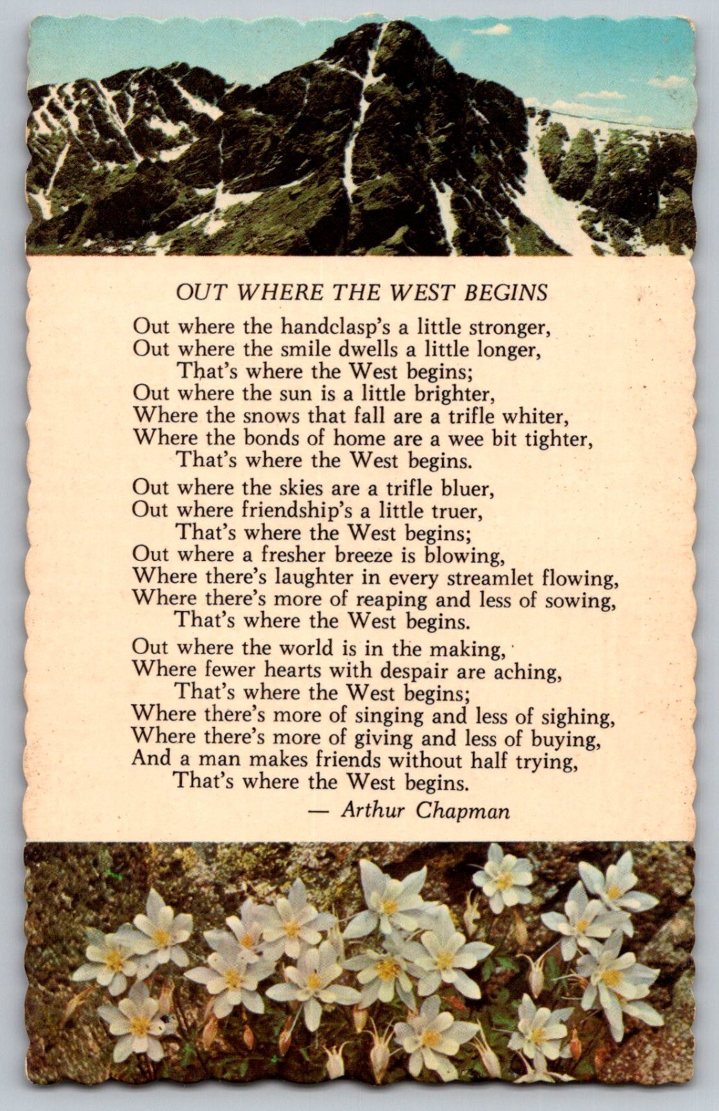 Poem Postcard - Out Where the West Begins - Arthur Chapman - Mt. Holly Cross
