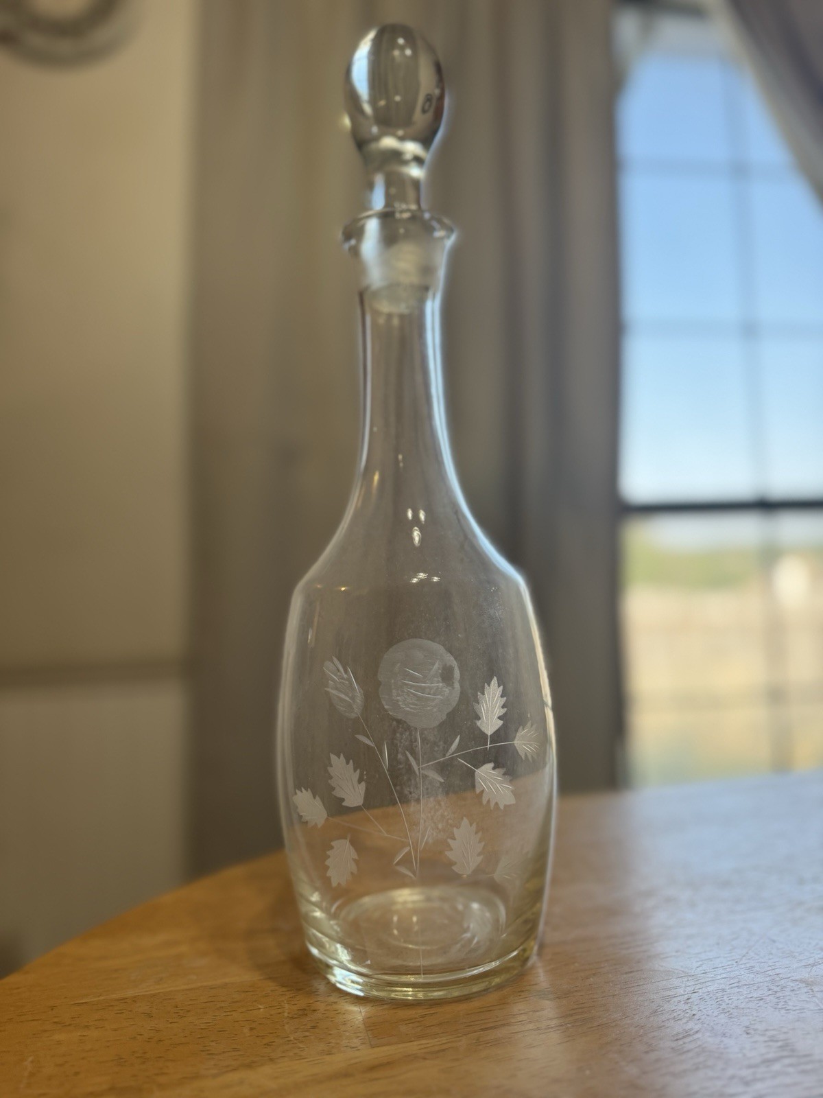 Vintage Crystal Etched Floral Wine Decanter Vase 16inch Tall