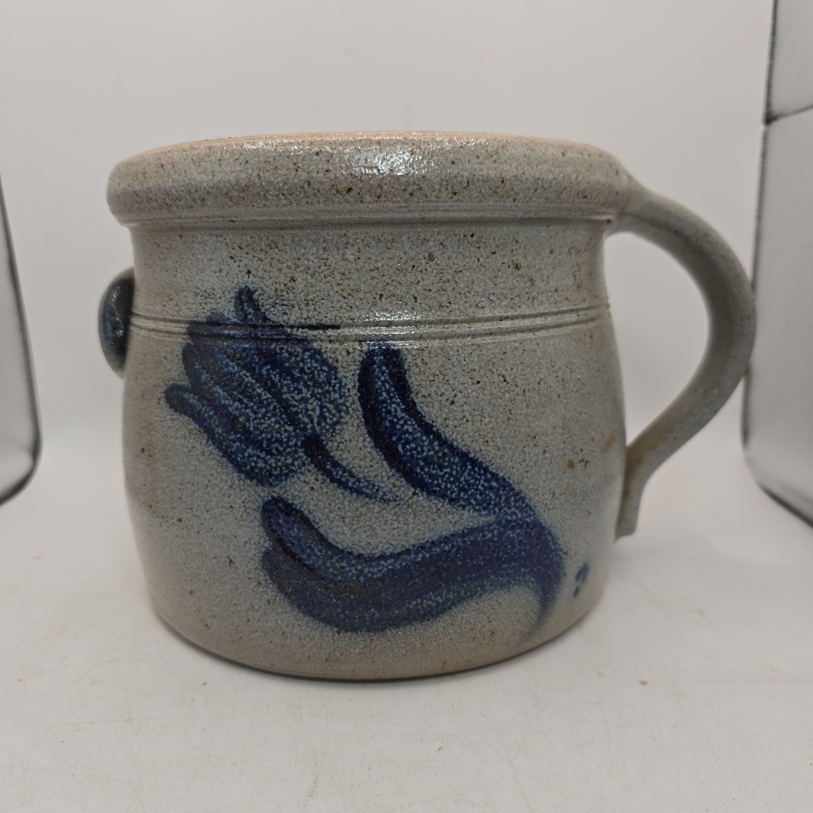 VTG Rowe Pottery Works Salt Glazed Stoneware Handled Batter Crock Floral USA