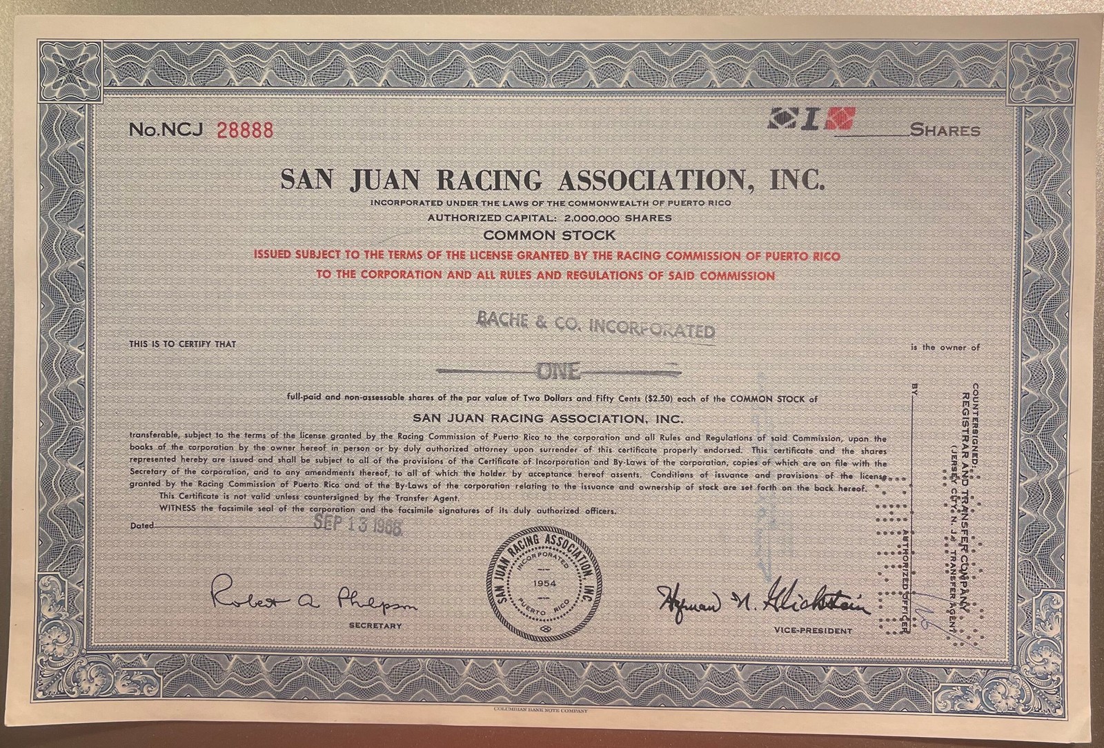 Vintage 1960s San Juan Racing Stock Certificate 🏇 El Comandante Puerto