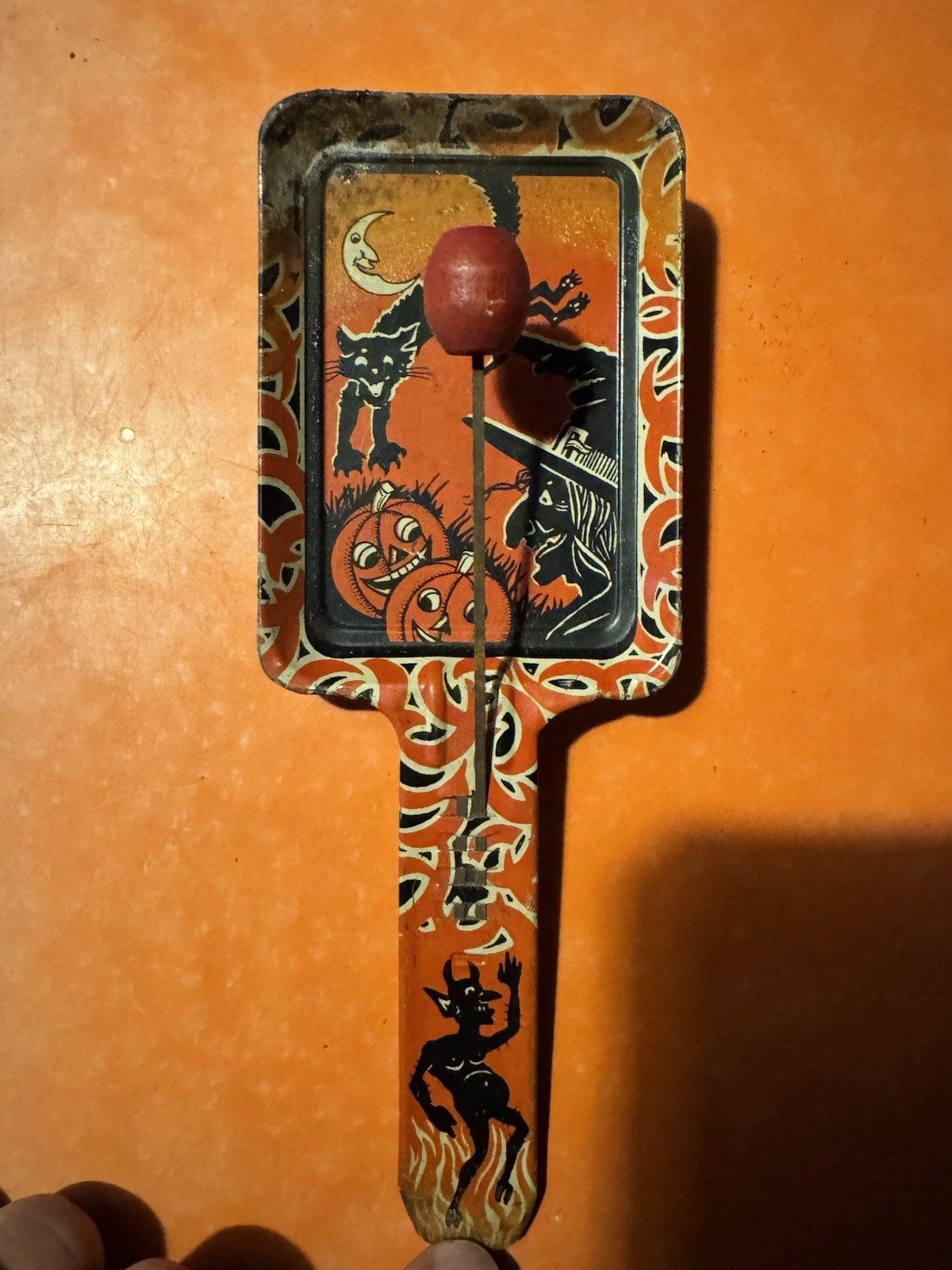 Vintage Kirchhof Halloween Tin Litho Paddle Noisemaker Witch Black Cat Devil USA Vintage Kirchhof Halloween Tin Litho Paddle Noisemaker Witch Black Cat Devil USA