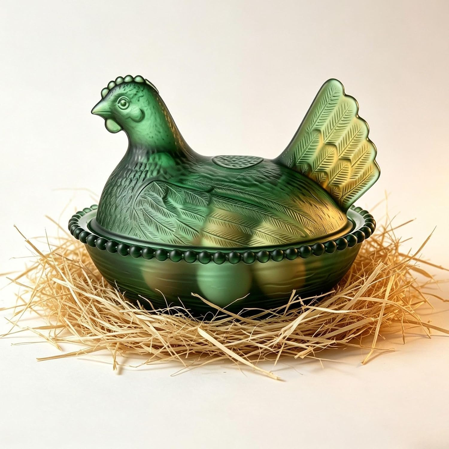 Vintage Glass Hen on Nest Candy Dish, Decorative Chicken Trinket Bowl with Beade