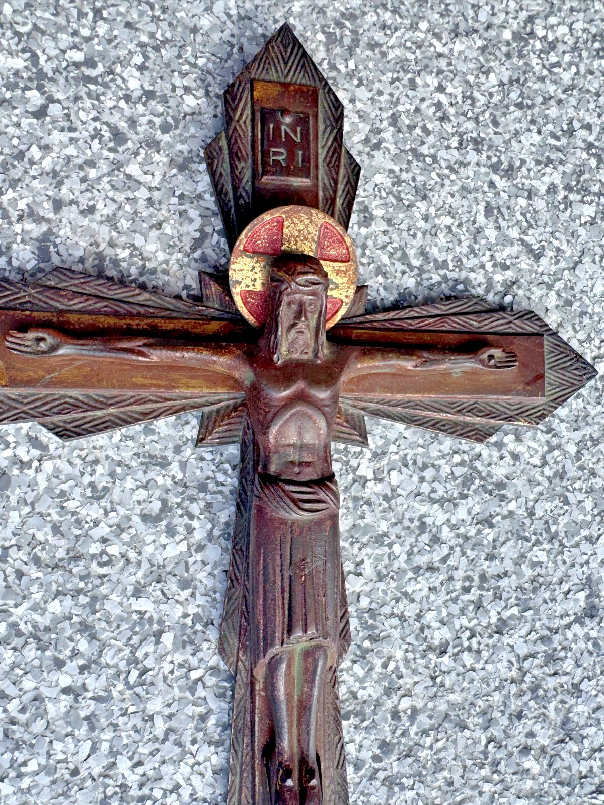 Antique Bronze Brass French Art Deco Crucifix Jesus On Cross Wall Hanging 16\