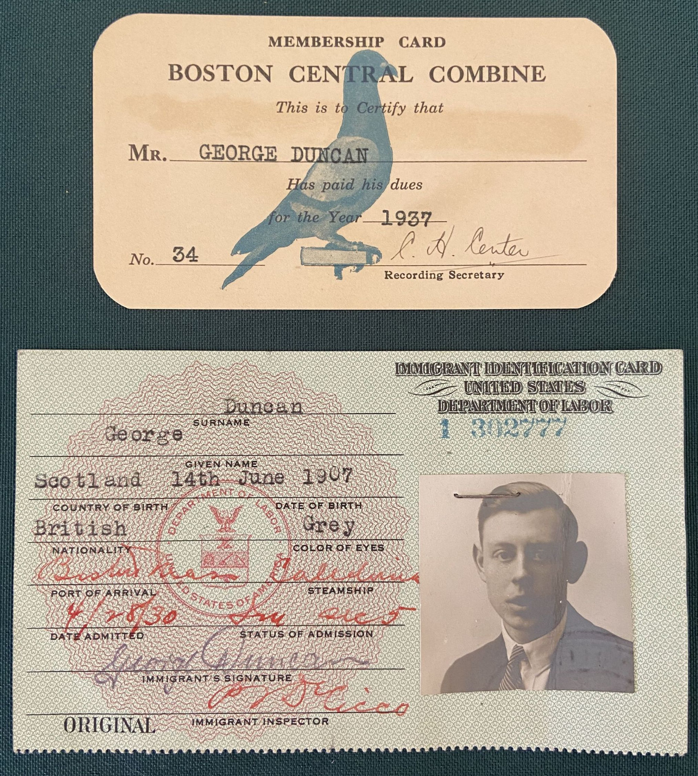 1937 Pigeon Racing Membership Boston and 1930 Immigrant ID Card Lot of 2 Scot 1937 Pigeon Racing Membership Boston and 1930 Immigrant ID Card Lot of 2 Scot