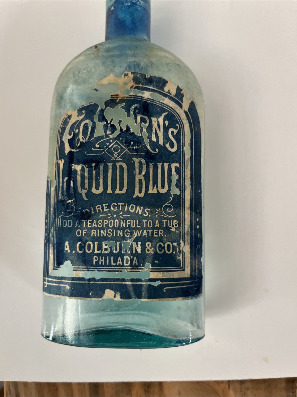 VINTAGE 1890\'s~A. COLBURN & Co Liquid Blue Laundry Philadelphia , Glass Aqua